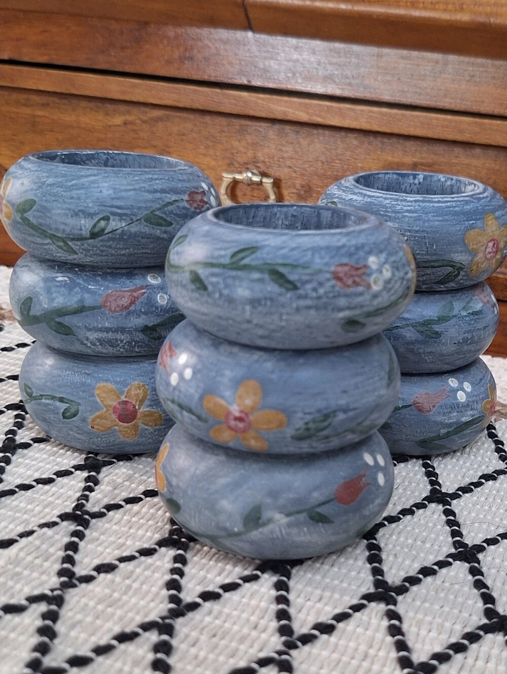 Vintage Handpainted Wooden Napkin Rings Folk Art Scandinavian Primative